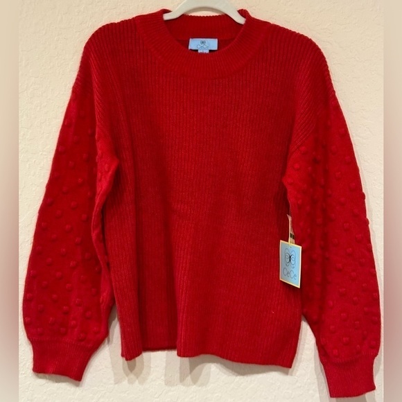 NEW CeCe Women’s Red Puff Sleeve Bobble Ribbed Sweater from Nordstrom Size L - Picture 1 of 11